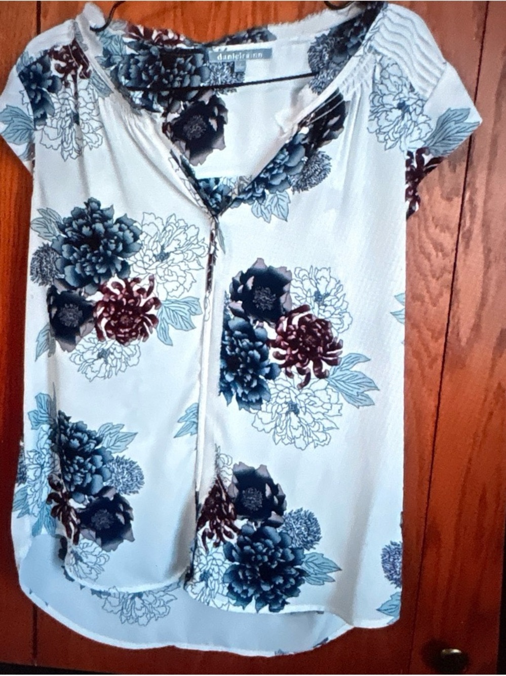 Daniel Rainn Cream Short-Sleeve Floral Zip Top with Blue and Burgundy Blooms